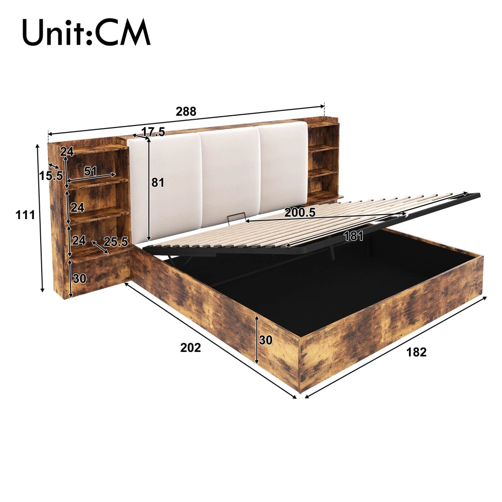Letto Contenitore 180 x 200 cm - 6 Vani; LED Regolabile e Testiera Imbottita - Marrone