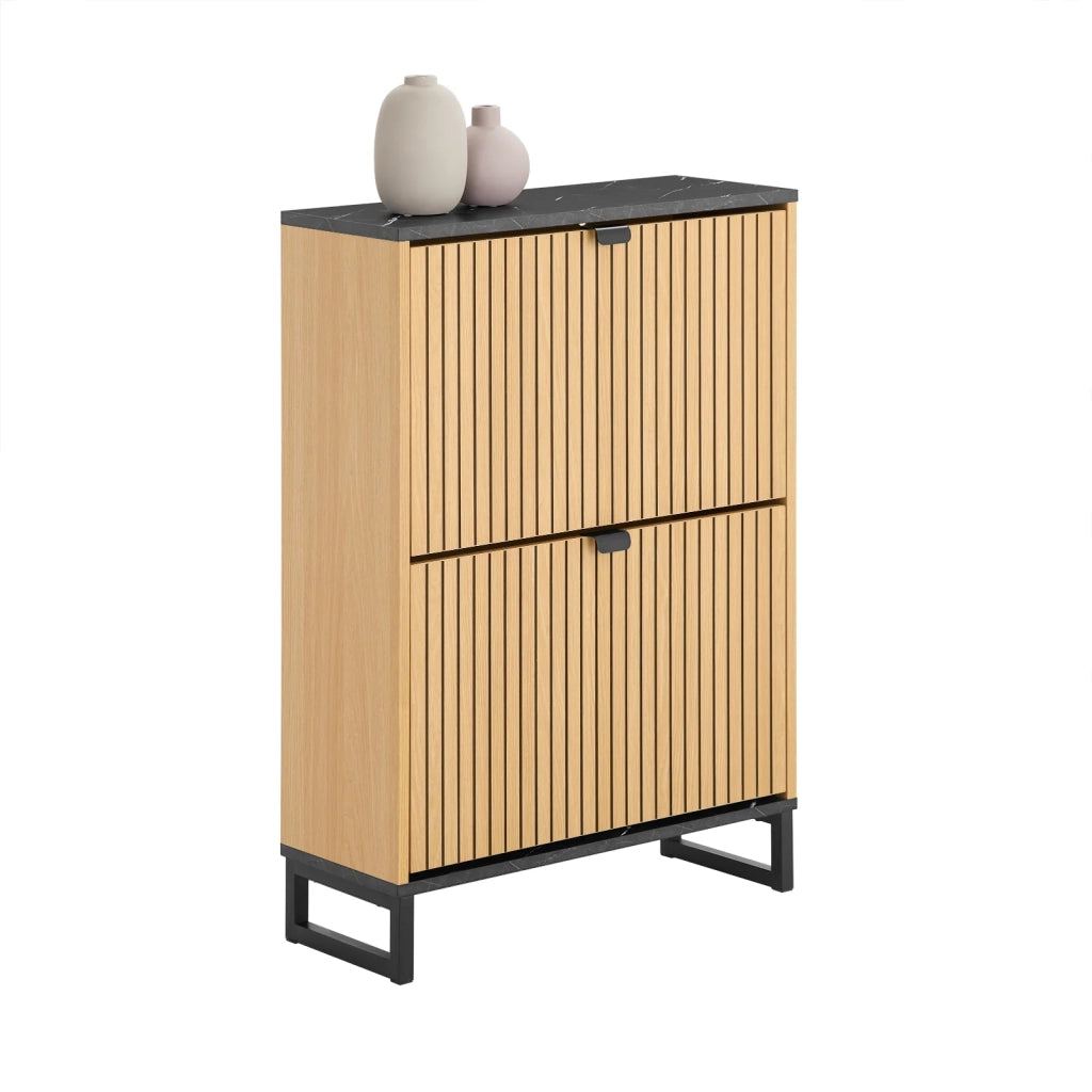 SoBuy Scarpiera Salvaspazio Slim a 2 Ante - Mobile Ingresso Moderno per Scarpe - Mobile Scarpiera da 8-12 Paia, con Struttura Resistente, Effetto Marmo Nero e Legno Chiaro, 60x24x88cm, FSR202-N