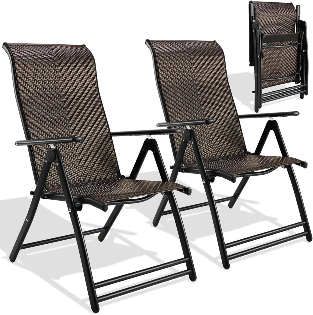 2 sedie a sdraio in rattan, con schienale regolabile in 7 posizioni, sedie pieghevoli resistenti alle intemperie, traspiranti, per balcone, giardino e terrazza