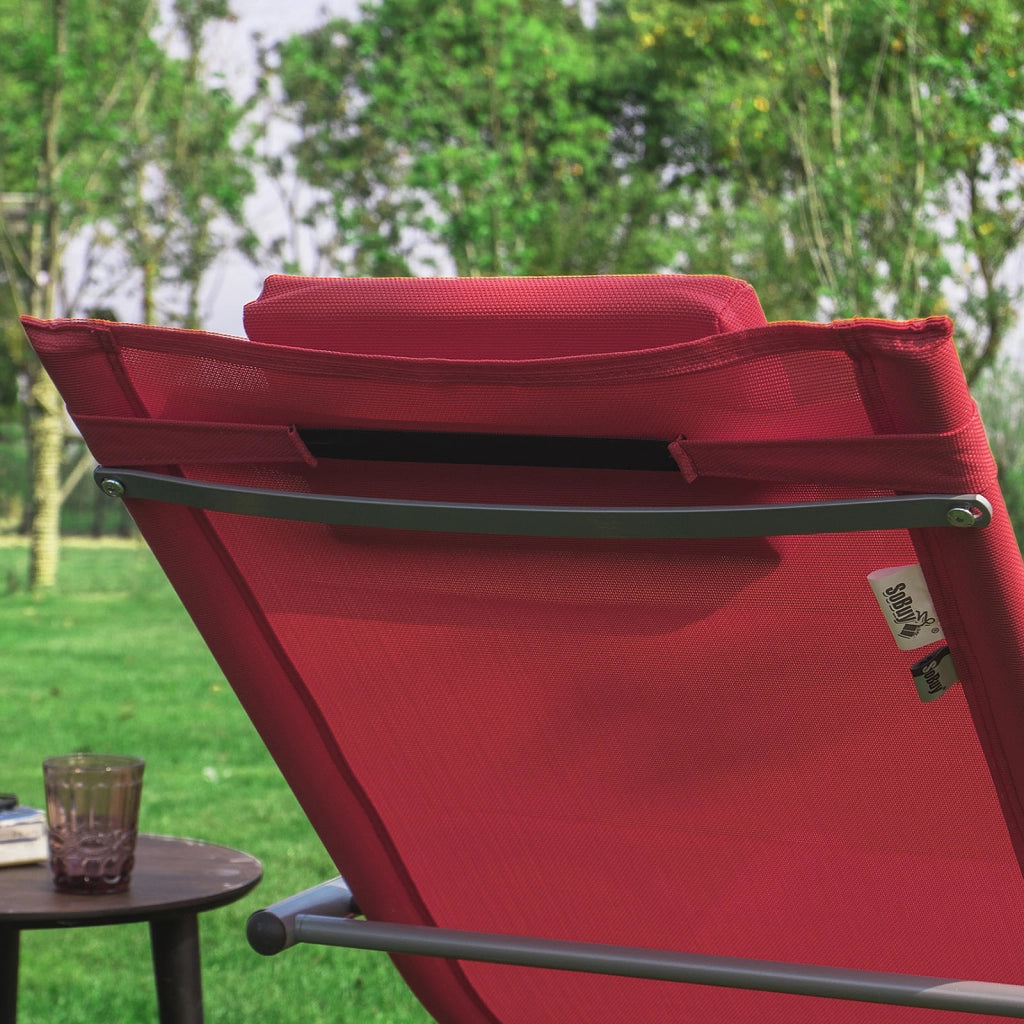 SoBuy Lettino Sdraio da Giardino a Dondolo - Sedia a Dondolo da Esterno in Textilene Rosso con Telaio in Metallo, 150x63x87cm, Lettino Prendisole per Terrazza, Piscina, Patio, OGS28-R
