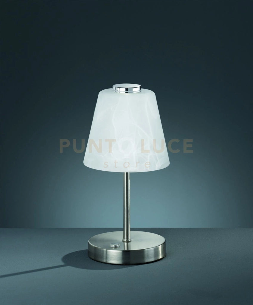 EMMY LAMPADA DA TAVOLO LED 3W 280lm, 3000K VETRO ALABASTRO METALLO ACCIAIO SATINATO CON FUNZIONE TOUCH DIMMER A 4 INTENSITA' H. 24CM, D.12CM