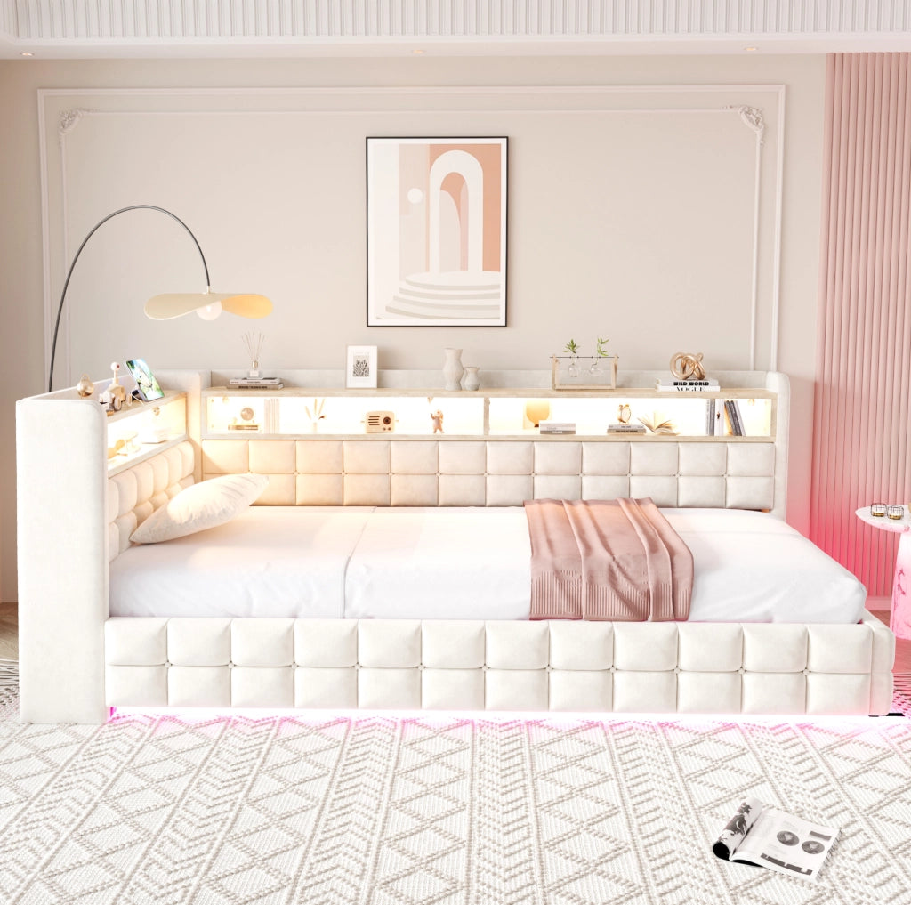 Divano letto imbottito 90x200 cm con LED, prese e contenitore