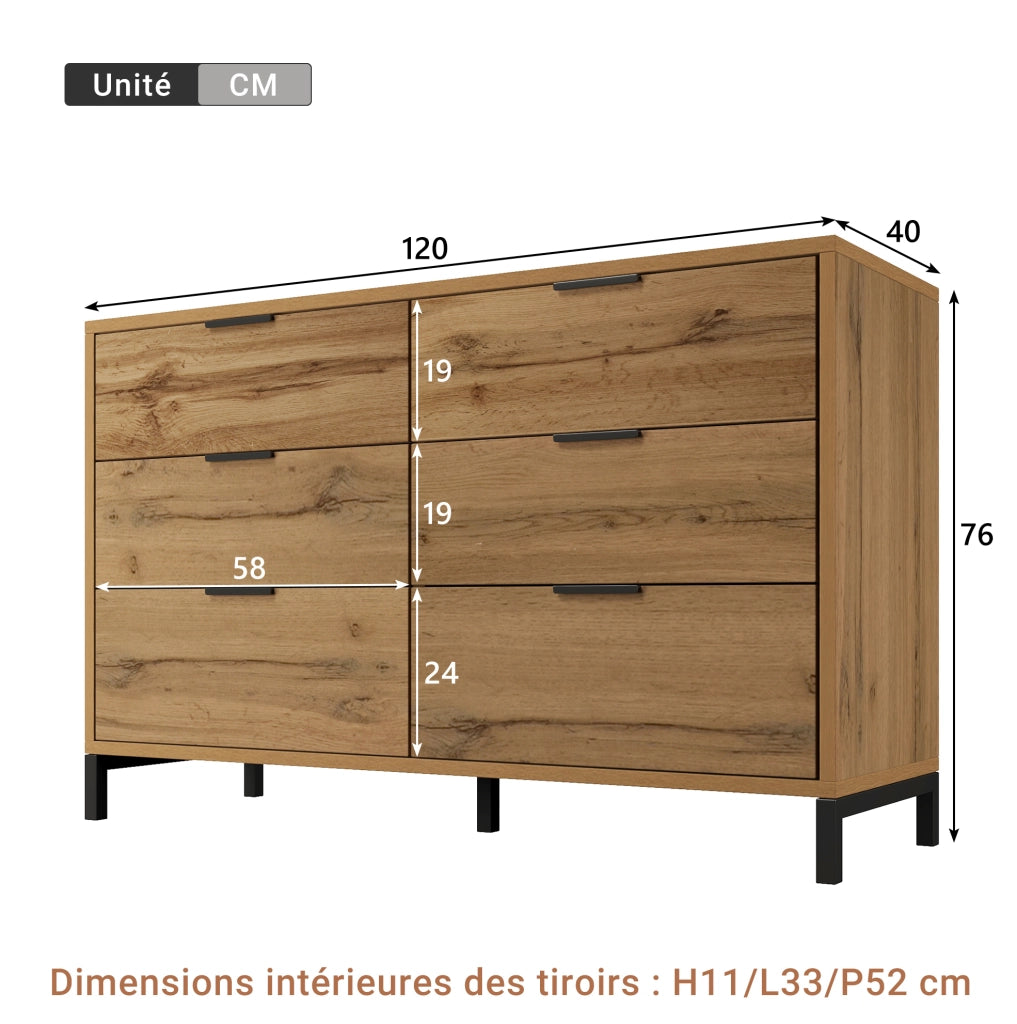 Comò con 6 cassetti 120x40x76 cm in truciolare e metallo; Rovere scuro
