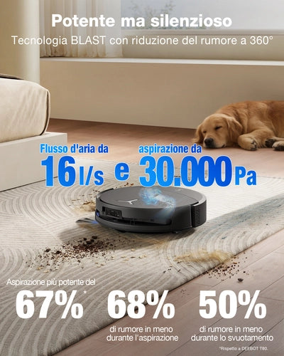 Ecovacs DEEBOT T90 PRO OMNI Robot aspirapolvere lavapavimenti, 30.000 Pa, ricarica PowerBoost, OZMO ROLLER 3.0 con TruEdge 3.0, erogazione automatica della soluzione detergente, AGENTE YIKO AI, Nero