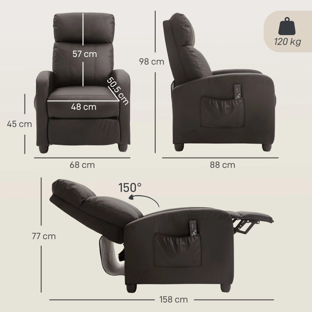 Poltrona Relax Massaggiante con Telecomando e 8 Programmi, Reclinazione e Poggiapiedi, 68x88x98cm, Marrone