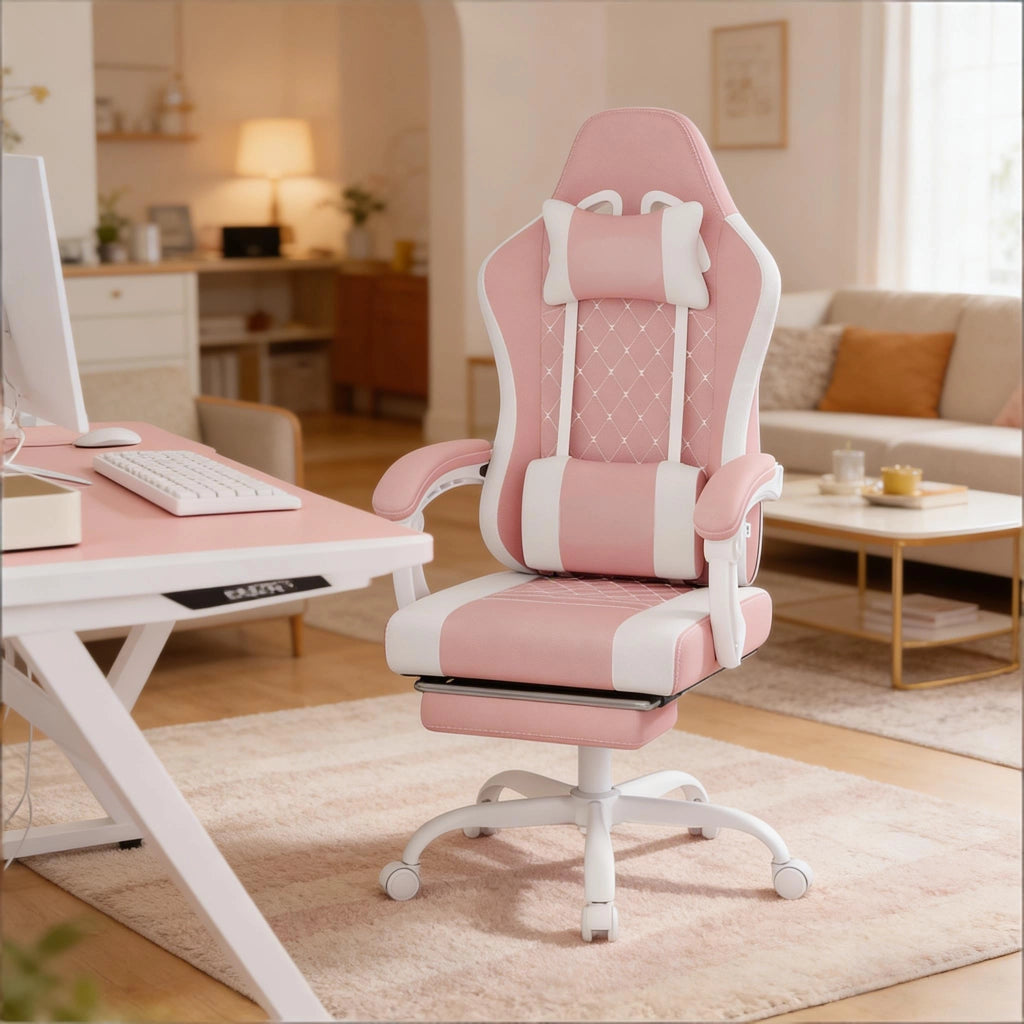 Sedia da ufficio ergonomica girevole con funzione massaggio, poggiapiedi e tessuto mesh rosa e bianco