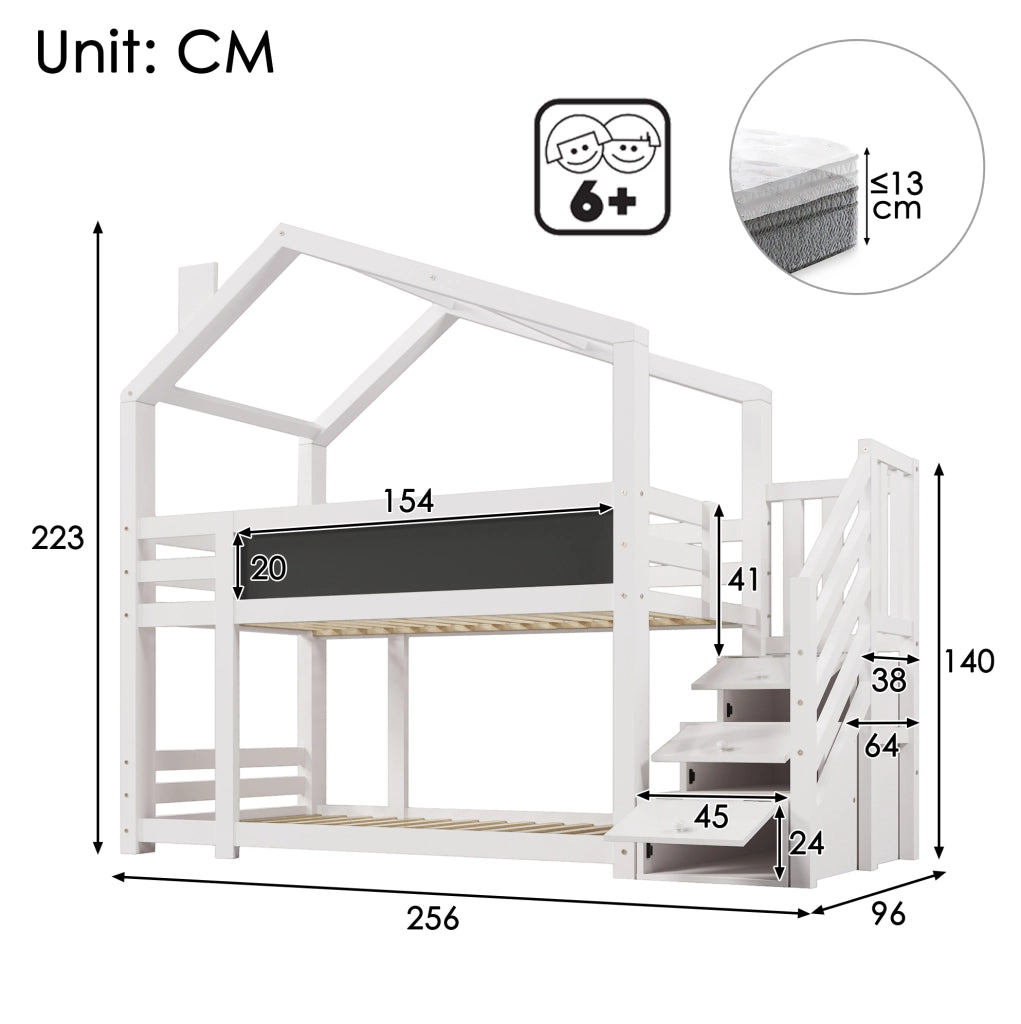 Letto a castello a forma di casa ULEVR 90x200 cm bianco con scala contenitore e lavagna