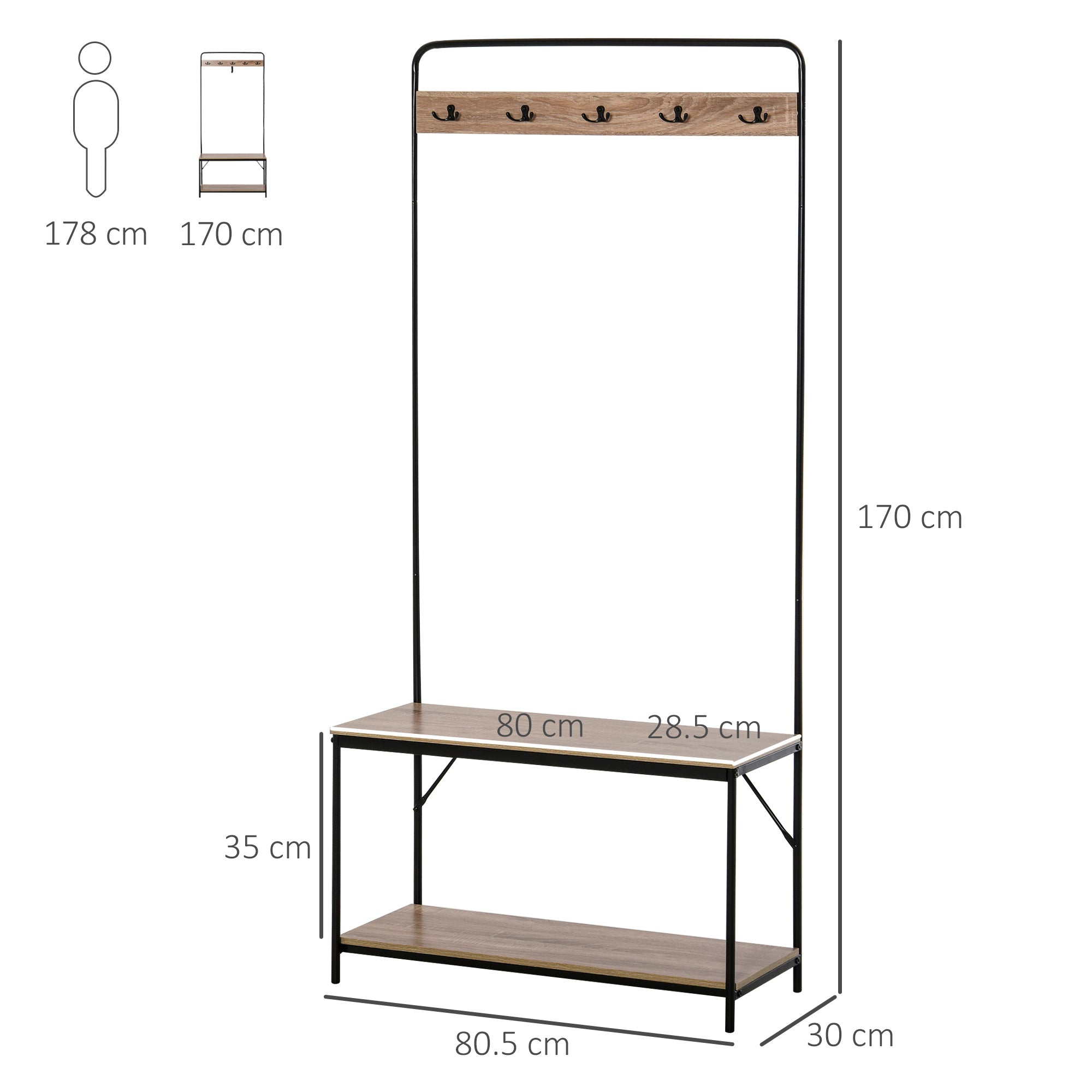 Appendiabiti Panchina per Ingresso con Scarpiera 80,5x30x170 cm in Acciaio e Truciolato  Rovere e Nero