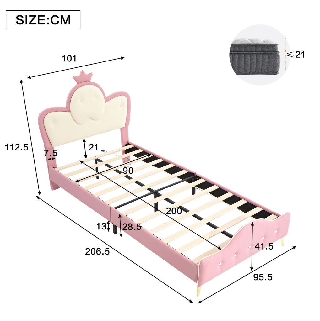 Letto singolo 90x200 cm con LED; testiera ondulata e corona; PU bianco e rosa