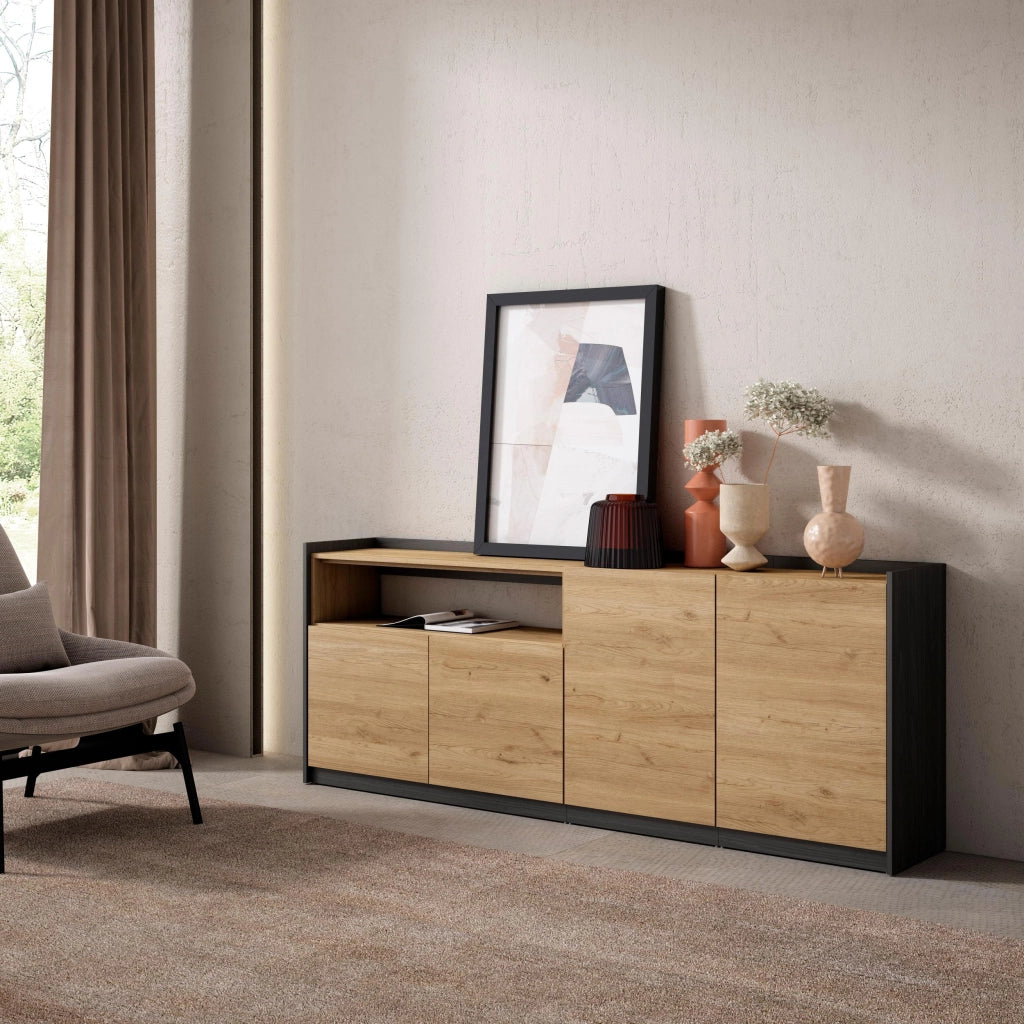 Credenza, Mobile, Cucina, 207x80x37 cm, 4 Porte, grande stoccaggio, Rovere e nero