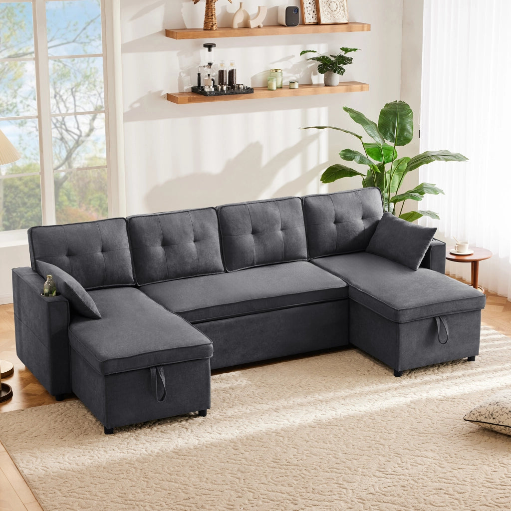 Divano Letto Panoramico A U 4-5 Posti con Vani Contenitore; Portabicchieri e Tasche Laterali in Cotone Lino Grigio
