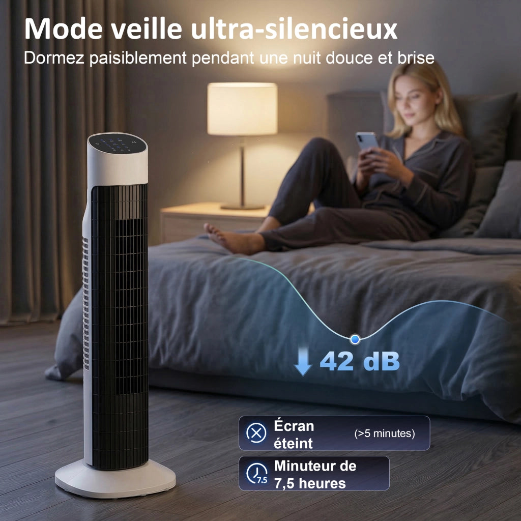 Ventilatore a torre oscillante ¨C Zephmum ¨C Bianco e Nero, 70¡ã, LED, telecomando, timer 12H