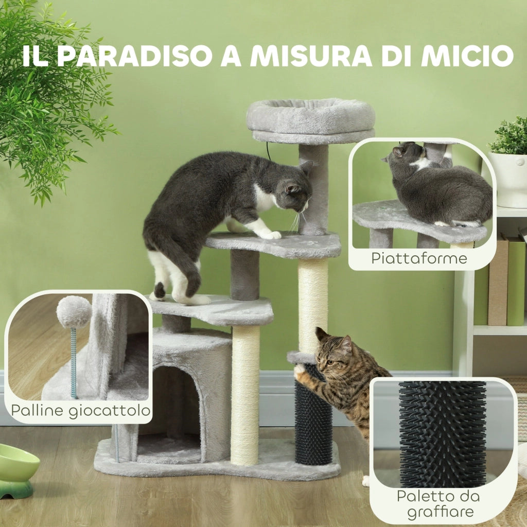 Albero Tiragraffi per Gatti con Casetta Ripiani e Letto 60x39x87 cm in Peluche e Sisal Grigio