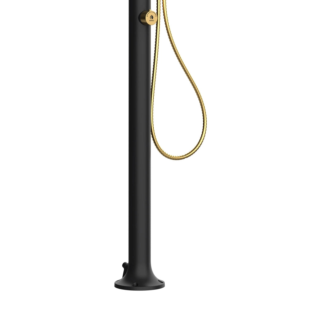 SINED Doccia in Alluminio Nero e Oro con Doccino Mobile per Acqua Calda e Fredda Soffione Rotondo Anticalcare Doppio Attacco Inferiore e Laterale Modello LUNA ALU D NERA ORO