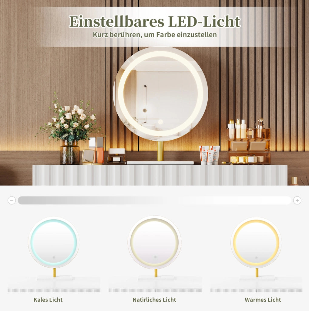 Toeletta con specchio LED; 5 cassetti; 100x40x127 cm; MDF e truciolare; bianca