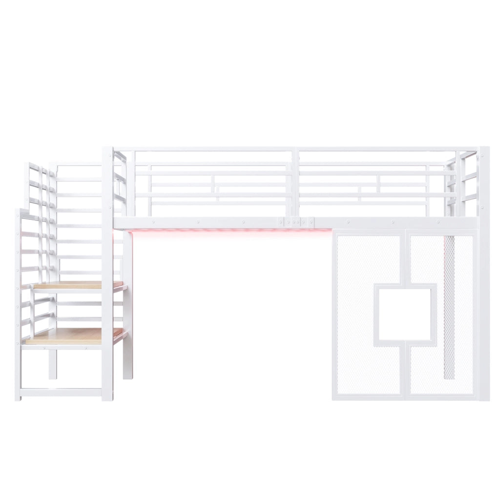 Letto a soppalco 90x200 cm in metallo e MDF con scala LED