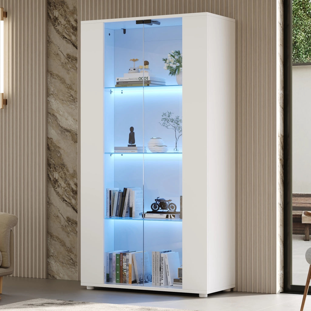 Vetrina con 2 ante in vetro e 4 ripiani - per soggiorno - 80×36×150.5 cm - bianco