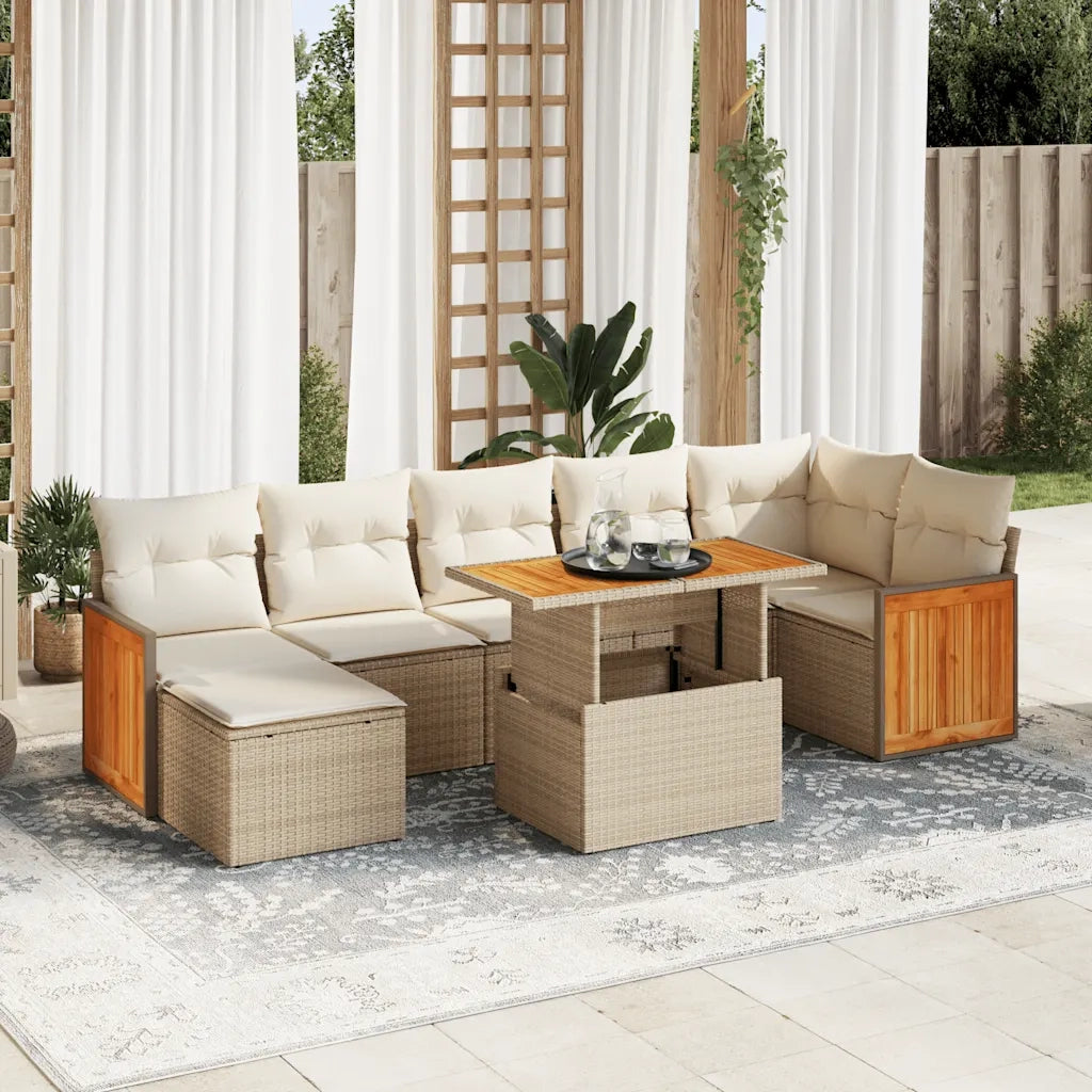Set Divano da Giardino 8 pz con Cuscini Beige Polyrattan Acacia