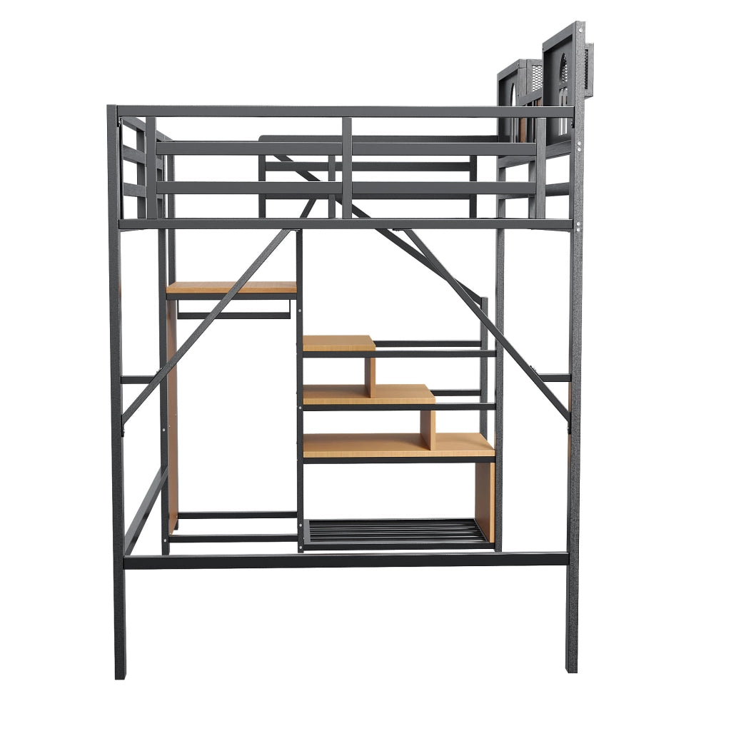 LETTO a soppalco 140x200 cm in metallo nero con scala contenitore
