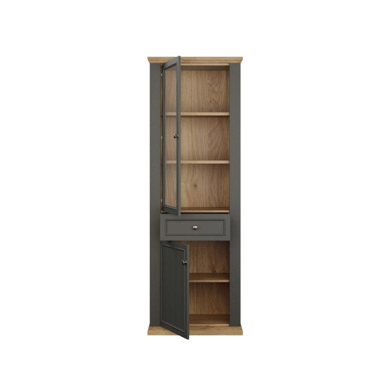Vetrina Essenza con 1 anta a vetro 1 cassetto e 1 anta in stile classico colore grigio scuro e rovere