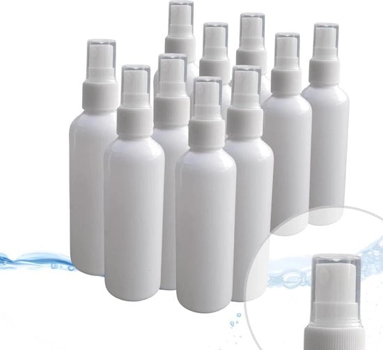 Set di 10 bottiglie spray in bianco, ognuna da 100 ml, inclusa capsula, per molteplici utilizzi in casa e giardino, pistola spray con funzione di diffusore per profumi, pulizia di auto