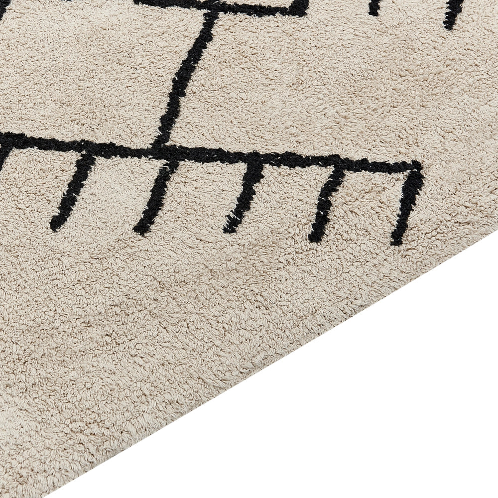 Tappeto beige e nero in cotone 160 x 230 cm rettangolare con nappe motivo geometrico stile boho per soggiorno camera da letto