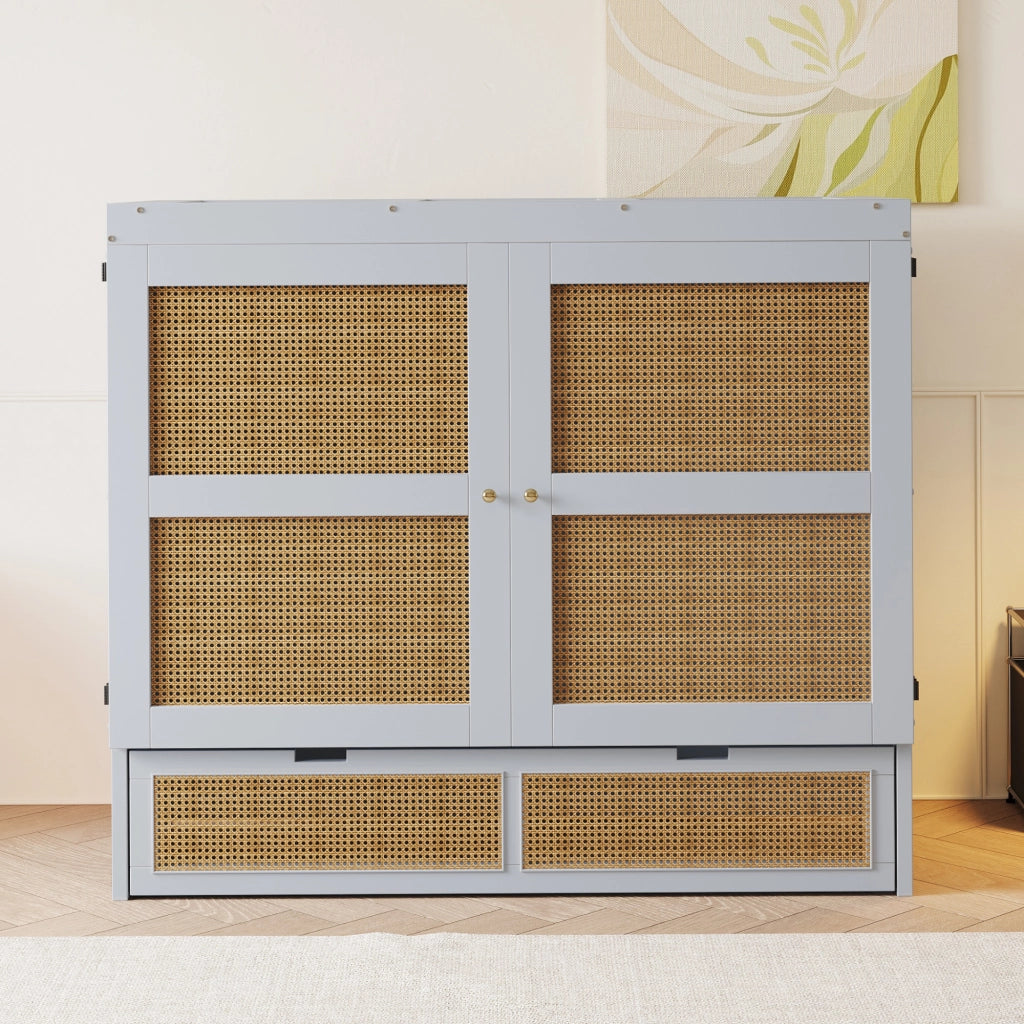 OKWISH Letto a scomparsa 140×200 cm, Letto Matrimoniale con 2 Cassetti, Ante Stile Rattan e Apertura 270°, senza Materasso, Grigio