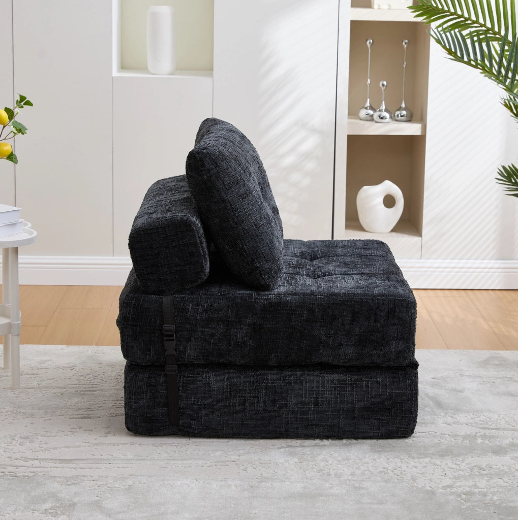 Divano letto pieghevole nero 79x79x57 cm con cuscini, chenille e schiuma ad alta densità