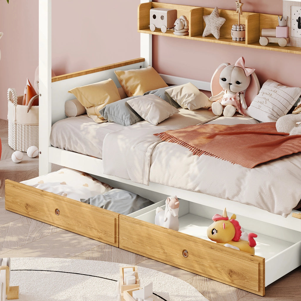 Letto a Castello 90x200 cm; Letto Singolo 2 Posti; Scala Contenitore; 2 Cassetti; Bianco e Naturale