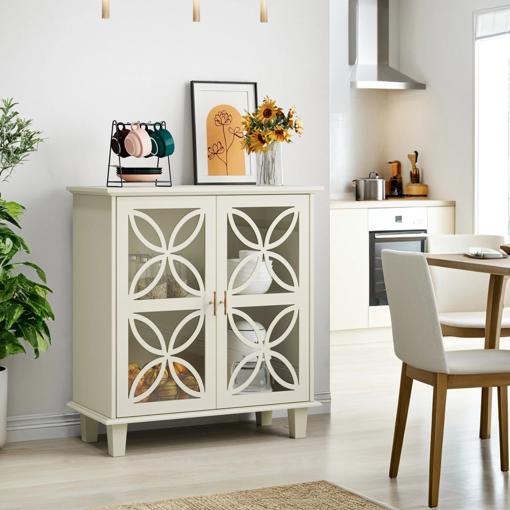 Credenza con 2 ante in vetro e ripiani regolabili; per cucina; in MDF; crema; 94×47.3×16.0 cm