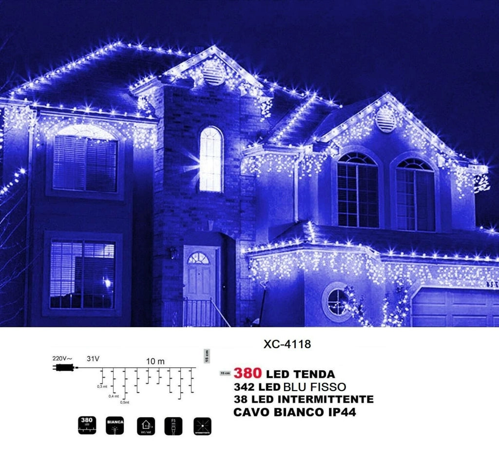 Tenda luminosa Luce Natale da esterno 380 led Blu e Bianco 10 MT Prolungabili