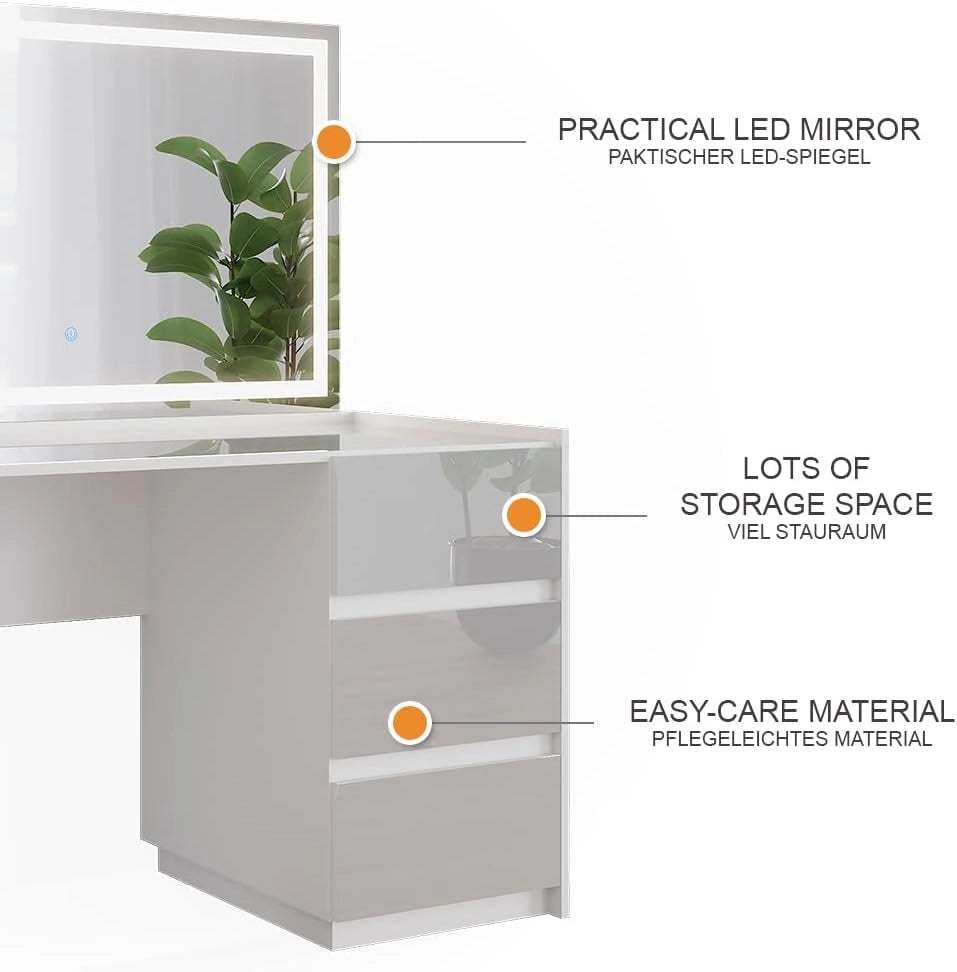 Tavolo da toilette Marla, Bianco lucido, 120 cm con specchio a LED, Ampia superficie del tavolo per trucco, gioielli e accessori per lo styling