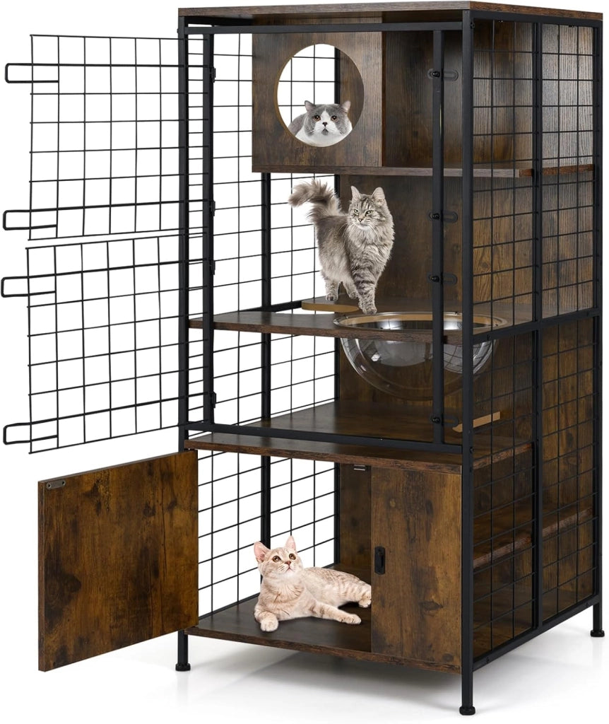 Armadio in Legno per Gatti, Gabbia a più Livelli con Struttura Metallica e Ciotola per Gatti, Armadietto con Porta a Rete Bloccabile, Casetta per gattini da Interno, 60 x 60 x 125 cm