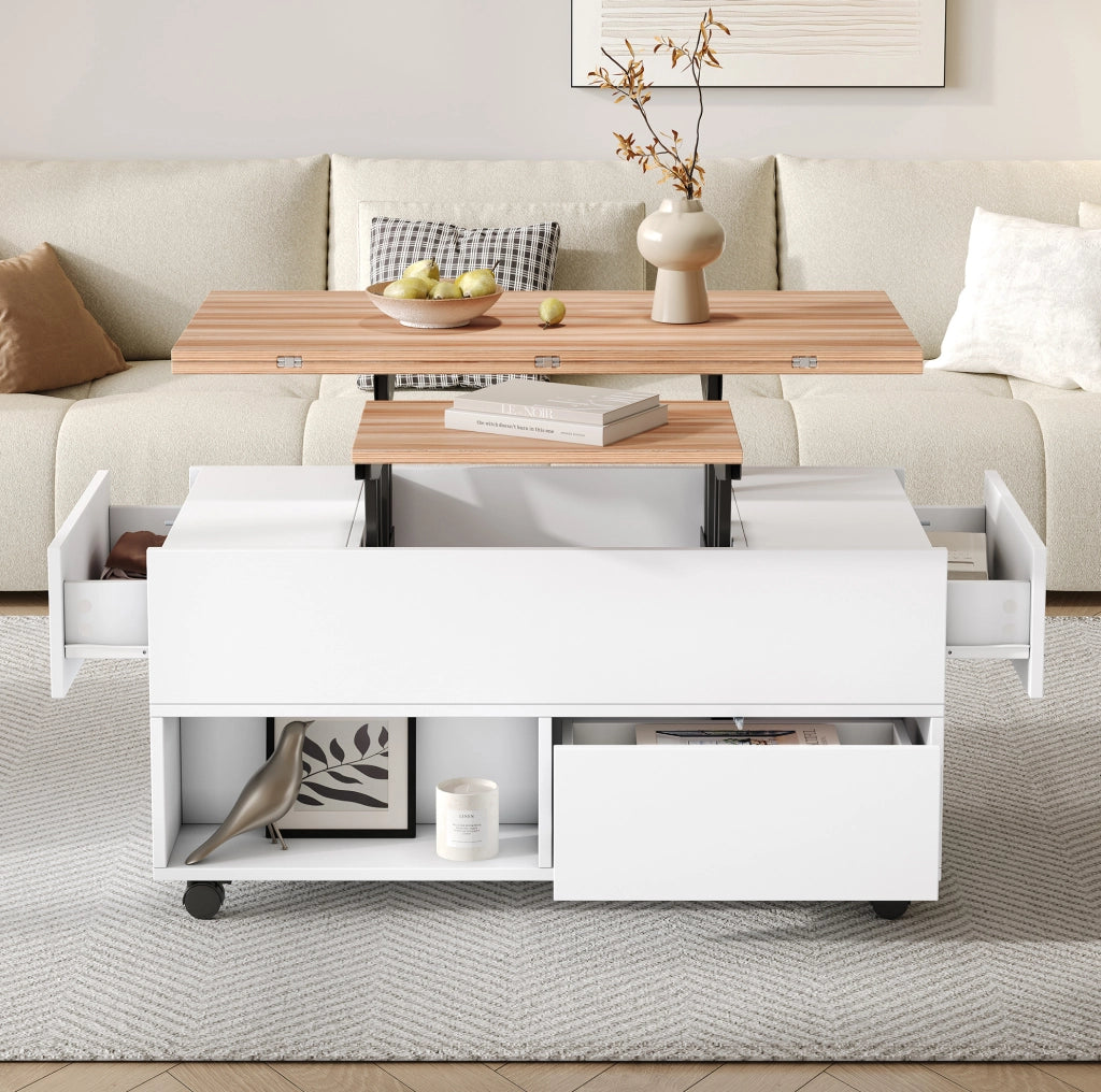 Tavolino da caffè 100x50x52 cm con piano sollevabile; 4 cassetti; ruote; truciolare bianco e naturale
