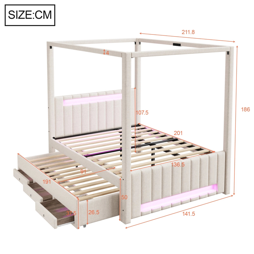 LETTO A BALDACCHINO 140x200 cm con letto estraibile e 3 cassetti, LED Beige