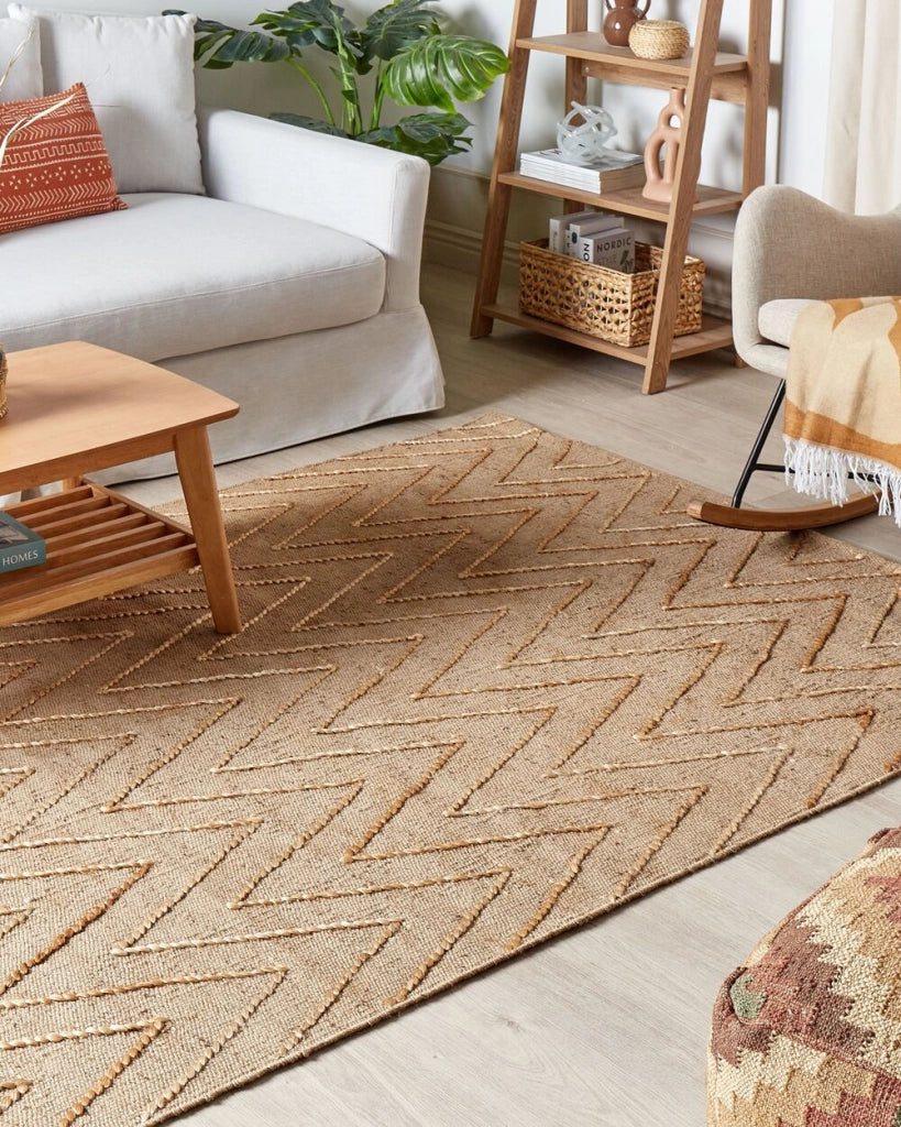 Tappeto in iuta beige con motivo a zigzag beige 140 x 200 cm fatto a mano soggiorno camera da letto stile boho