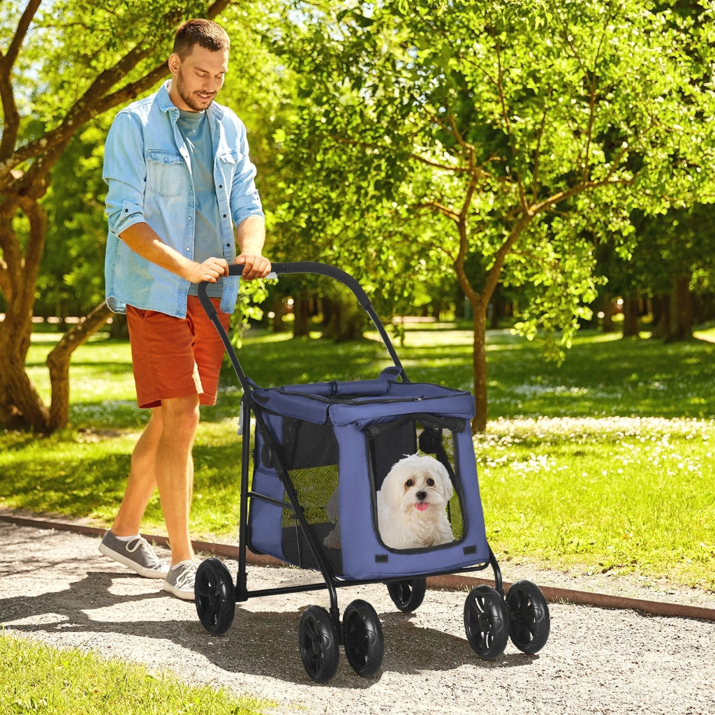 Carrello pieghevole per cani con cuscino finestre in rete porte laterali e 2 guinzagli in poliestere blu