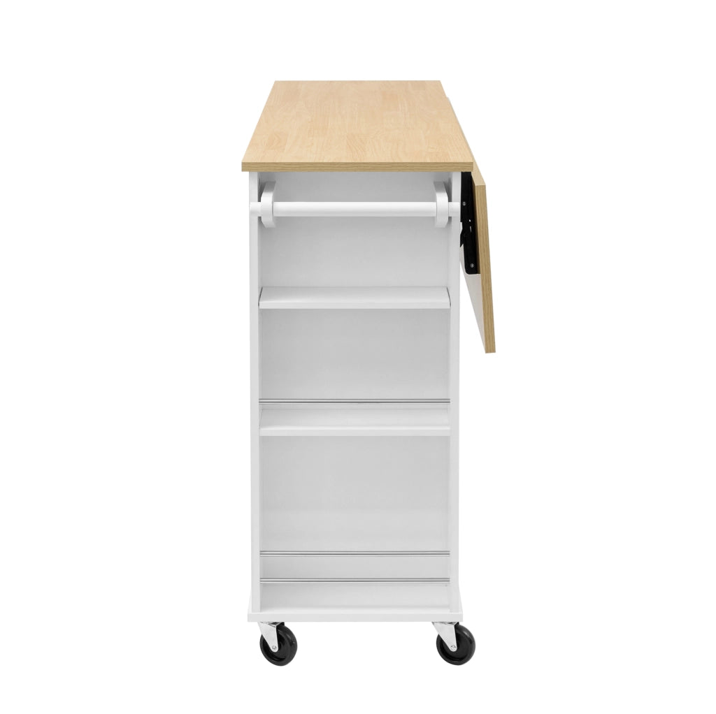 Isola da cucina 120x40-70x92 cm con piano apribile; prese integrate e vano rifiuti; MDF bianco naturale
