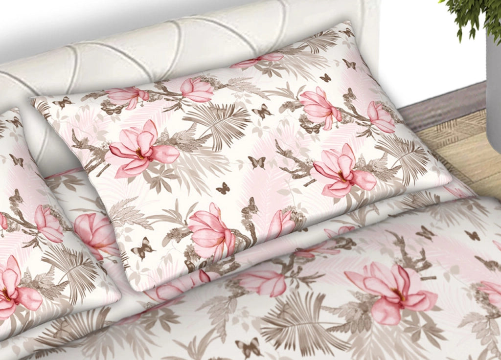 Completo Lenzuola Matrimoniale 100% Cotone Made Italy Disegno Leaves CN - Matrimoniale - Rosa