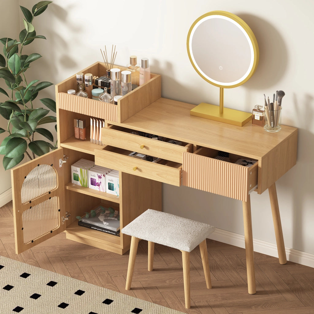 Set toeletta con specchio LED a 3 colori, 3 cassetti e mobile laterale, colore naturale