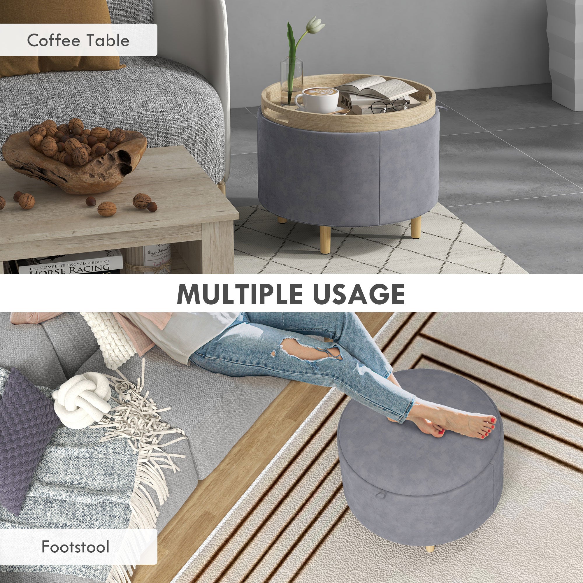 Pouf Contenitore Vellutato da 120 kg max 56x56x42 cm con Vassoio a Ribalta in MDF e Rovere Grigio