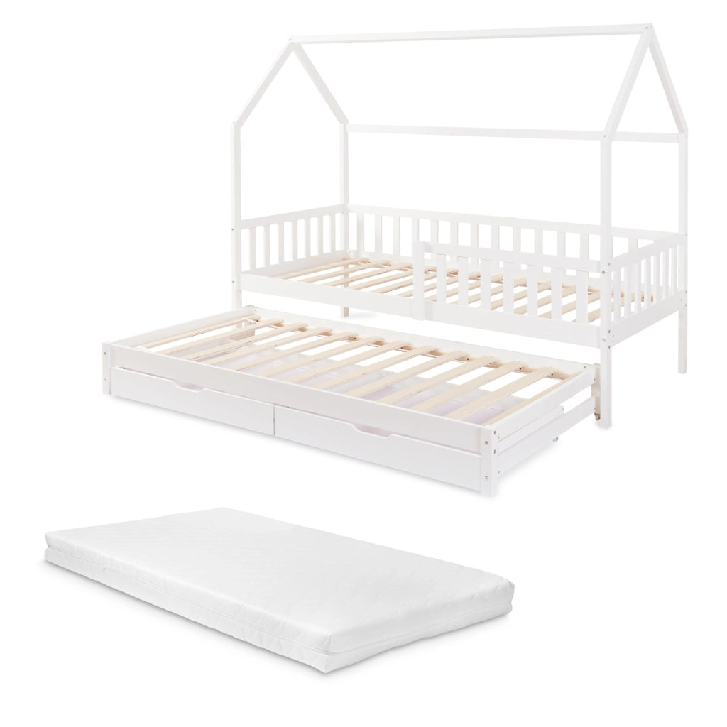 Letto a Casetta per Cameretta Aarghonmaa in Legno di Pino con Letto Estraibile 1 Materasso 90x200 cm e 2 Cassetti - Bianco [en.casa]