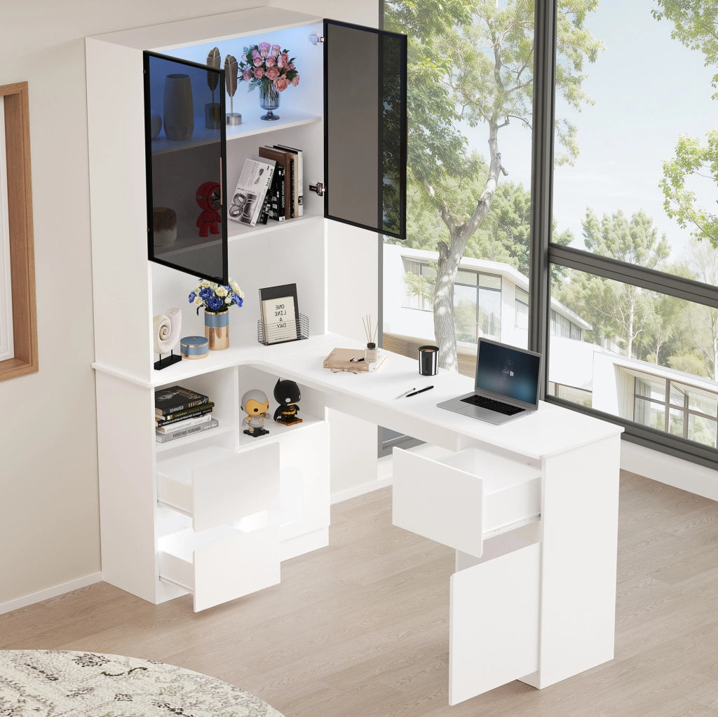 Scrivania ad angolo 120x80x180 cm con vetrina LED; in MDF bianco