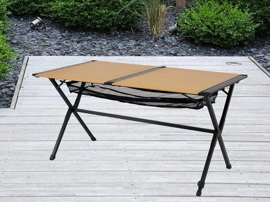 Tavolo da Campeggio Oklahoma, Piatto da Cibo, Aspetto di Bambù, Tavolo da Campeggio a Rotolo, 140 x 80 x 70 cm, Pedane Regolabili, Resistente alle Intemperie, Tasca Portatile