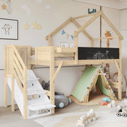 Letto a castello 90x200 cm con scala contenitore e lavagna; legno bianco e naturale