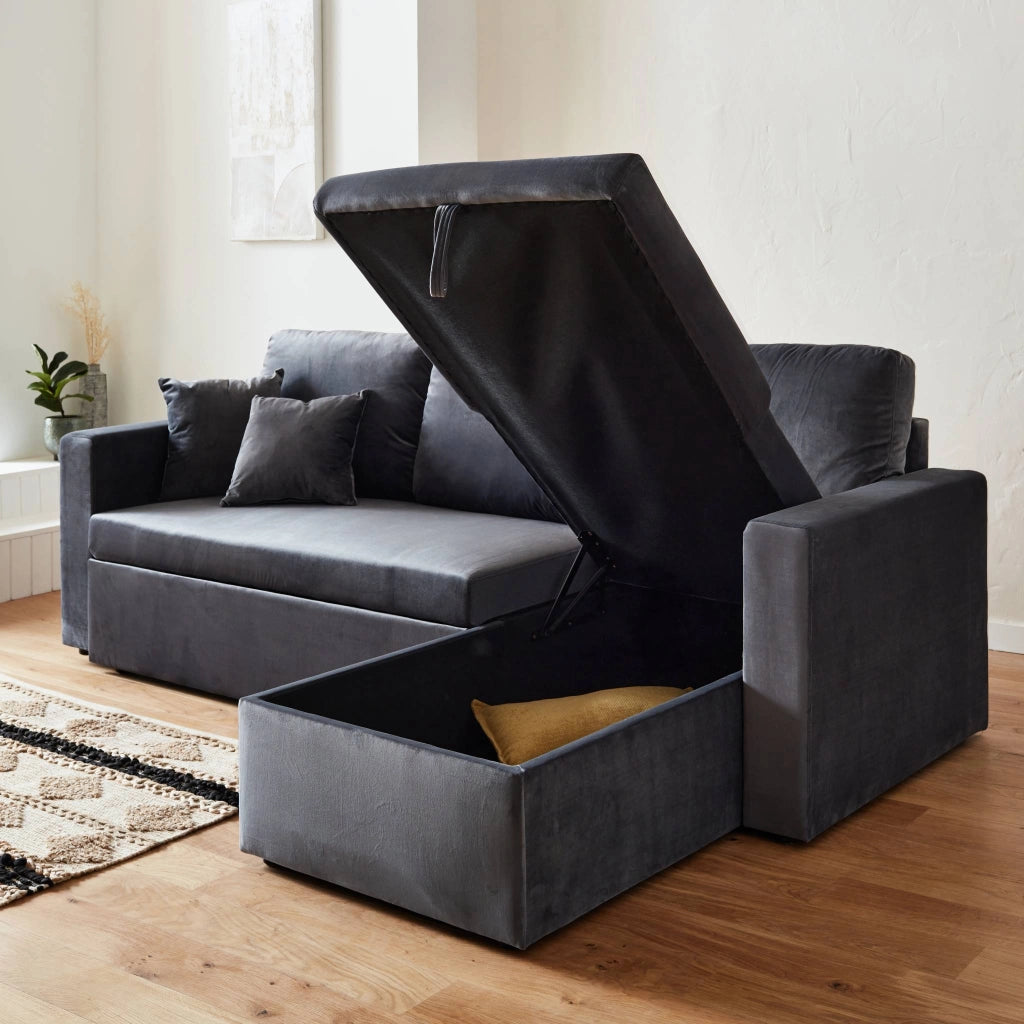 Divano letto angolare reversibile in velluto, 3 posti, grigio scuro