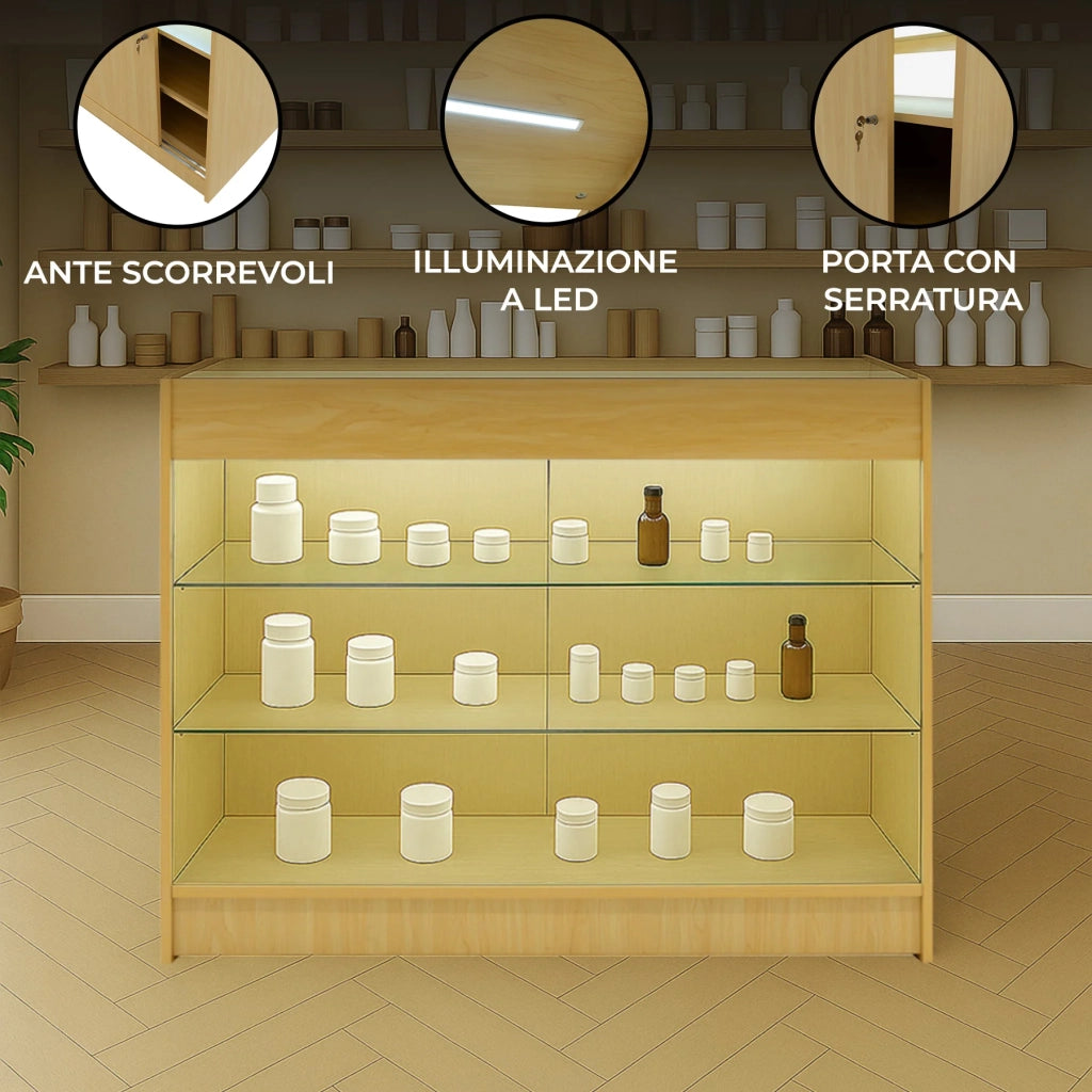 Bancone LED Acero K1200 con 3 Ripiani, Vetrina e Ante Bloccabili – 2 Chiavi