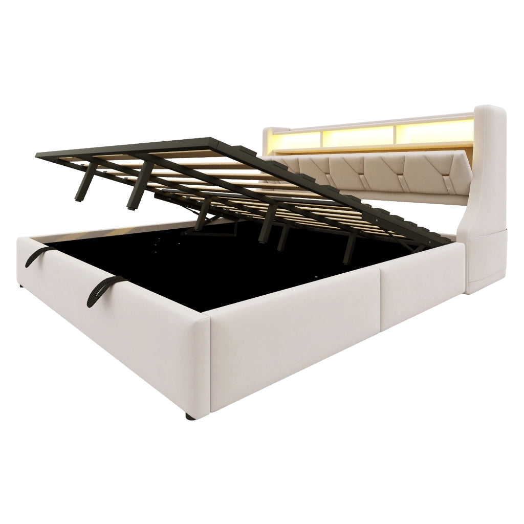 Letto imbottito 180x200 cm con testiera ribaltabile, luci LED, prese USB e Type-C, contenitore idraulico, velluto beige