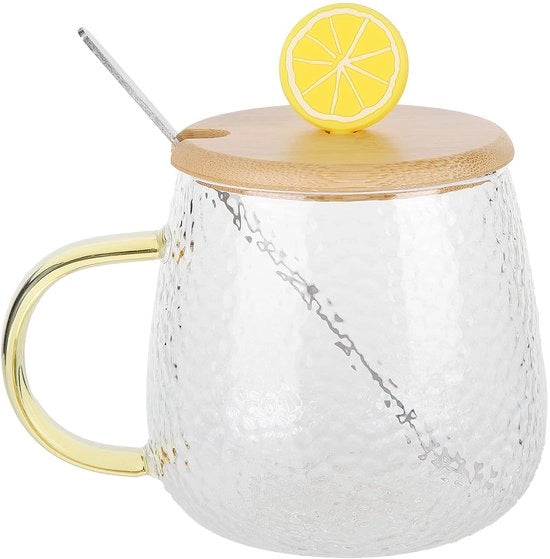 Tazza Resistente al Calore - Vetro Borosilicato - Cucchiaio in Acciaio Inossidabile - Coperchio - Leggero - Progettazione Elegante - Tazza in Vetro