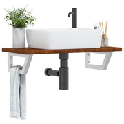 Ripiano a Parete per Lavabo in Acciaio e Massello di Rovere 3302346